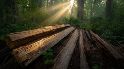 Tranquil shade and sunlight stream through tree as sun rays through calm and beautiful woodland environment with pieces of wood planks