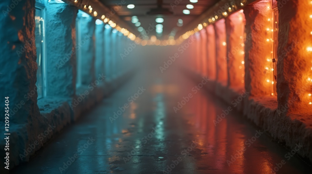 Poster a colorful, foggy corridor illuminated by soft lights, creating a mysterious ambiance