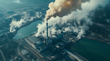Fototapeta premium Aerial View of Industrial Pollution: A Factory's Impact on the Environment