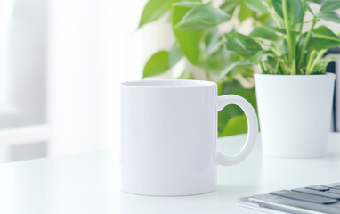 minimalist blank white mug on clean desk with green plant in background creates serene workspace atmosphere