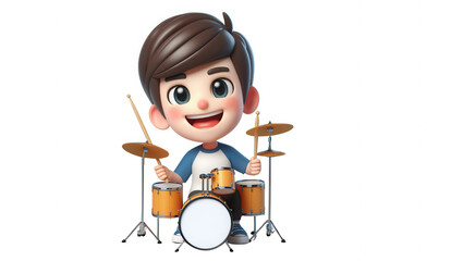 Energetic boy playing drums cartoon style fun character colorful background cheerful vibe
