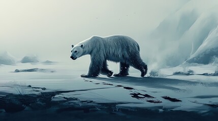 A polar bear walking on an empty, desolate ice floe, its large paw prints sinking into the snow