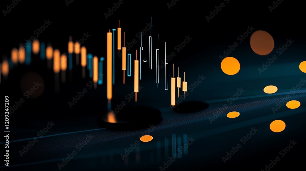 Poster abstract financial chart with glowing candlesticks and bokeh.