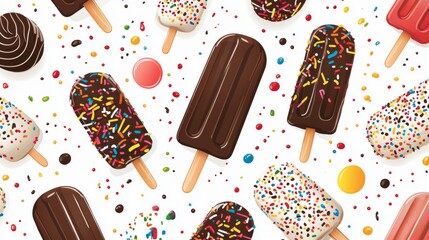 91.A seamless vector pattern of colorful popsicle ice creams on sticks, featuring chocolate-coated layers, vibrant sprinkles, and decorative swirls, arranged on a crisp white background with uniform