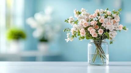 Fototapeta premium Peach roses and white flowers in glass vase on table, home interior background. Perfect for greeting cards