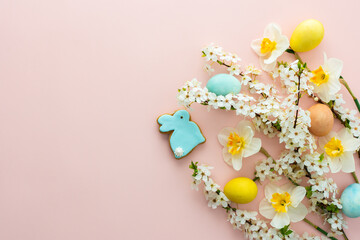 Festive background with spring flowers and naturally colored eggs and Easter bunnies, white daffodils and cherry blossom branches on a pink pastel background