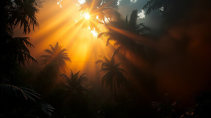 Fototapeta premium The soft morning light shines through the coconut leaves, creating a calm and peaceful atmosphere in the middle of the forest