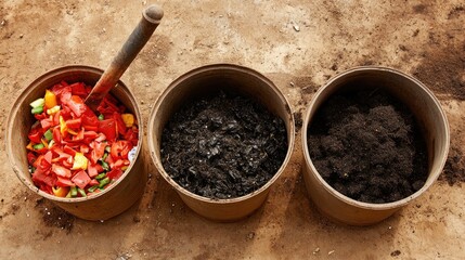 Compost stages vegetables, decaying matter, rich soil. Gardening tutorial image