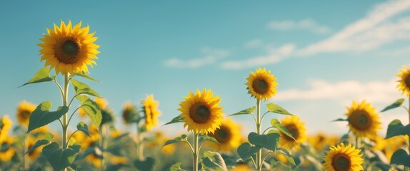 Obraz premium Vibrant Sunflower Field Sunny Sky Bright Yellow Blooms