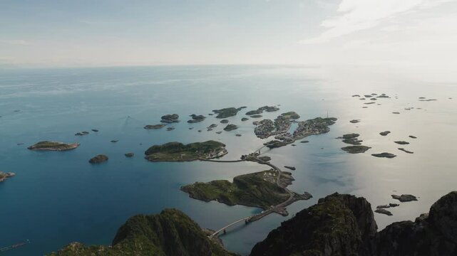 View of Henningsv&aelig;r from the mountain top Festv&aring;gtind