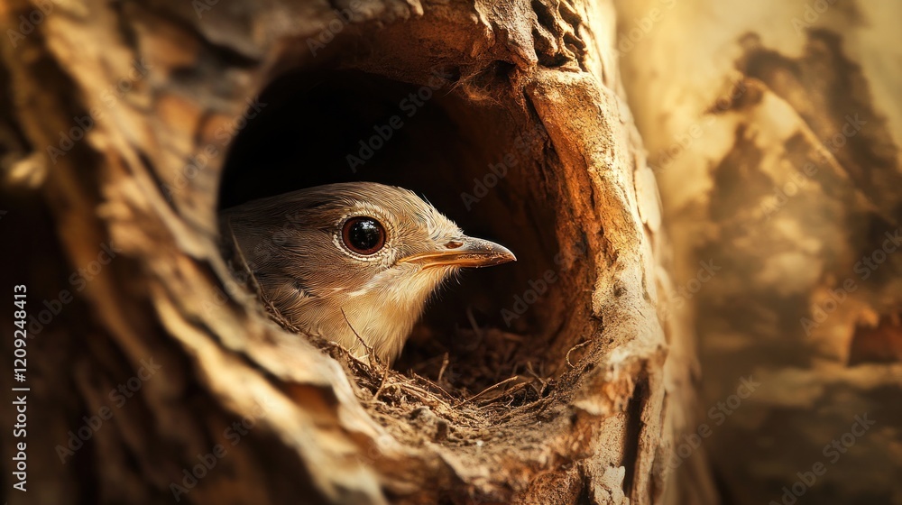 Sticker Tiny Bird Nestled in Tree Cavity