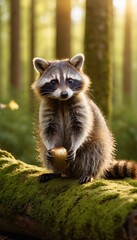 Obraz premium Close-up of a cute raccoon with an acorn, set in a tranquil forest scene with golden sunlight and lush green moss, perfect for nature and wildlife enthusiasts