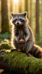 Fototapeta premium Close-up of a cute raccoon with an acorn, set in a tranquil forest scene with golden sunlight and lush green moss, perfect for nature and wildlife enthusiasts