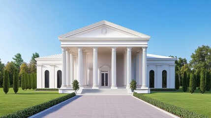 Obraz premium Elegant White Classical Building with Columns and Green Lawn