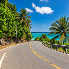 Fototapeta premium beach road with palm trees. Road asphalt with palm trees on side and beach view holiday trip vacation island.