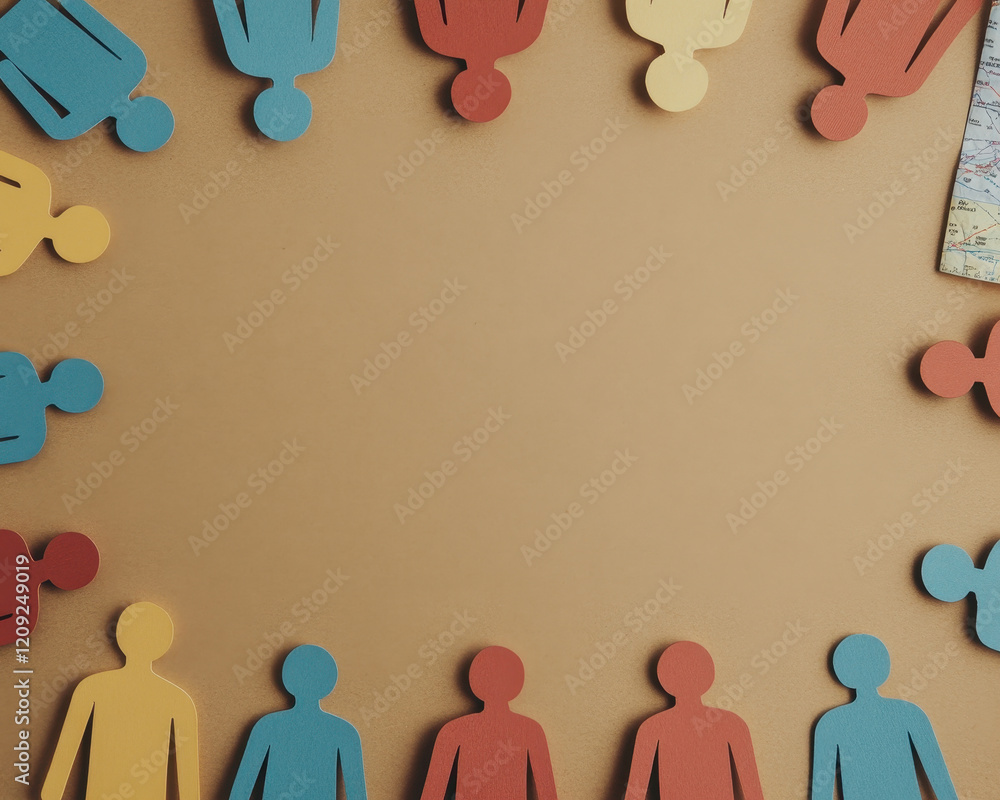 Poster colorful paper cutouts of people arranged in circle on brown background, symbolizing collaboration a