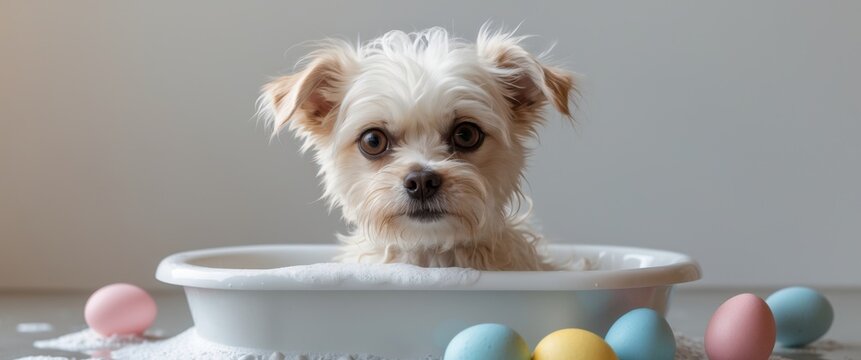 Cute Dog Taking a Bubble Bath with Colorful Eggs.