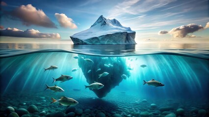 Majestic Iceberg Above and Below the Surface of the Ocean with a School of Fish Swimming