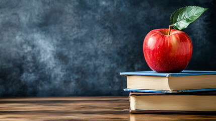 A simple, black background with one apple on a teacher's desk