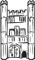Obraz premium Trinity College facade , Cambridge, England black and white ink sketch. Iconic historic landmark, classical architecture. Perfect for tourism, travel, and cultural heritage projects.