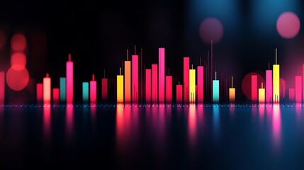 Abstract colorful data visualization with glowing bars reflecting on a dark surface.