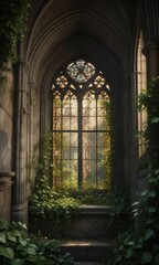 Fototapeta premium Ancient church stained glass window partially hidden by thick ivy , overgrowth, window, church