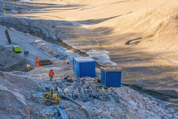 Lago di Barcis - Barcis artificial lake drained of water for routine maintenance in Friuli-Venezia Giulia, north east Italy. The reservoir was created in 1954 for hydroelectric energy production. 