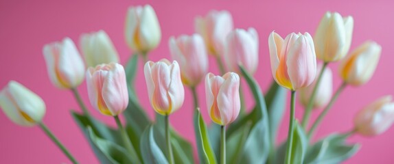 Obraz premium Pastel Tulips in a Spring Bouquet on Pink Background