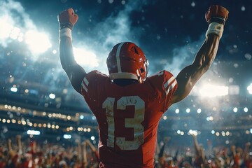 Football player celebrating touchdown dance amidst fans stadium sports photography nighttime dramatic lighting victory expression