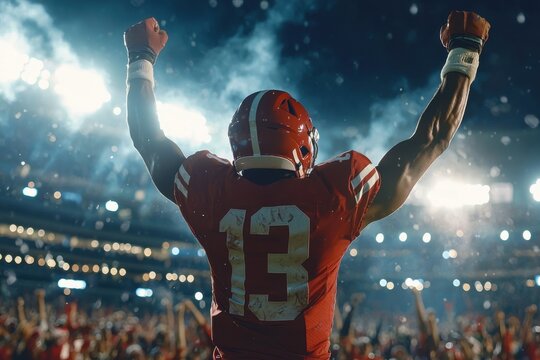 Football player celebrating touchdown dance amidst fans stadium sports photography nighttime dramatic lighting victory expression
