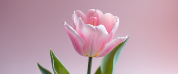 Obraz premium Beautiful pink tulip flower with soft petals on a pastel pink background.
