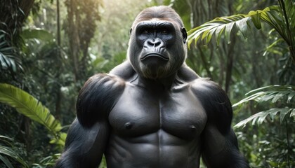 Fototapeta premium Close-up of a silverback gorilla with an intense expression, blending seamlessly into the serene, green wilderness of its jungle home