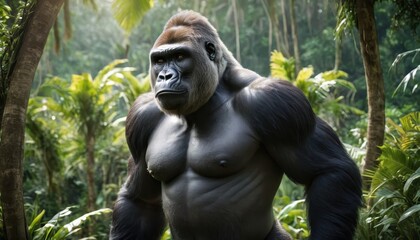 Fototapeta premium Close-up of a silverback gorilla with an intense expression, blending seamlessly into the serene, green wilderness of its jungle home