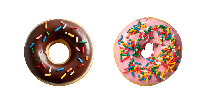 Chocolate and strawberry donut decorated with colorful sprinkles isolated on transparent background top view
