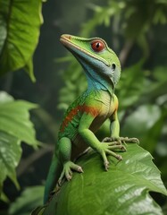 Fototapeta premium Anolis crestado's vibrant crest against the background of a green leaf, crest, lizard, nature