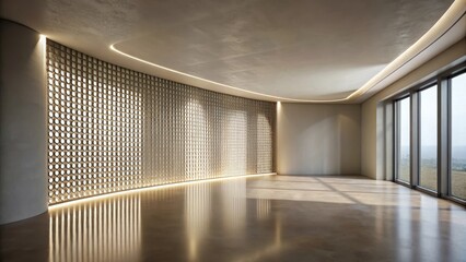 Fototapeta premium Modern minimalist interior design featuring a curved wall with an illuminated geometric patterned screen and expansive windows showcasing a tranquil outdoor view