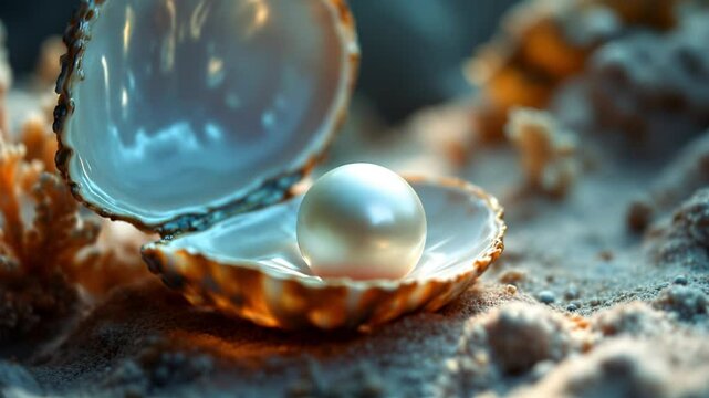 Pearl inside an open sea shell with water bubble effect. 