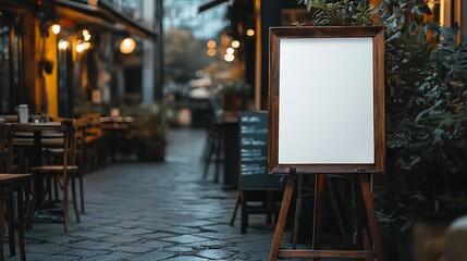Blank Signboard in a Cozy Parisian Street Cafe at Dusk