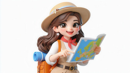 Adventurous explorer reading map outdoor setting 3d character bright environment upbeat mood