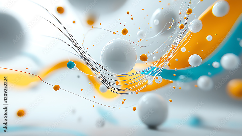 Poster dynamic abstract composition of bouncing spheres digital art modern environment energetic viewpoint 