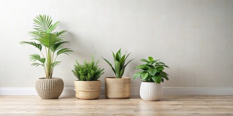 A serene arrangement of potted plants adds a touch of natural elegance to a minimalist interior space, creating a calming and inviting atmosphere.