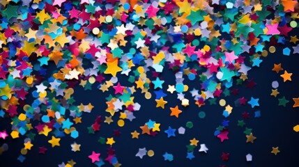 Fototapeta premium Multicolored star-shaped confetti scattered against a dark background, creating a vibrant, celebratory atmosphere.