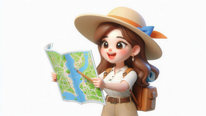 Exploring new destinations adventurous traveler with map outdoor setting cartoon style