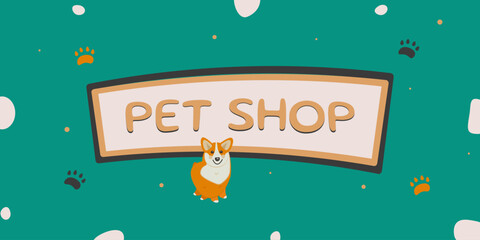 Banner template for pet store. Background for pet products, with a cute corgi dog, and dog paws. Vector design in turquoise color, EPS 10.