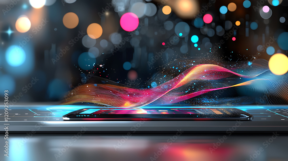 Poster dynamic smartphone showcase futuristic setting digital art vibrant environment close-up view innovat
