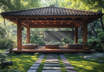 Naklejka premium Wooden Pavilion Stage in Garden Surrounded by Greenery with Fairy Lights for Festive Celebration