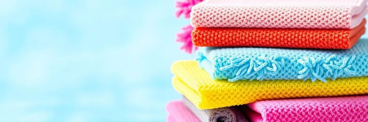 Colorful sponges stacked in a vibrant display perfect for cleaning, bathing, or crafting, household, crafting