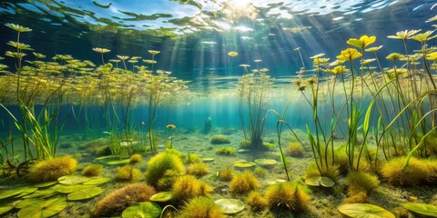 Aquatic plants covered in slime on the surface of an underwater lake, slime, water feature, algae blooms