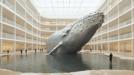 Giant sculptural whale installation in a modern architectural space showcasing artistic creativity and innovative design with onlookers admiring its grandeur and beauty
