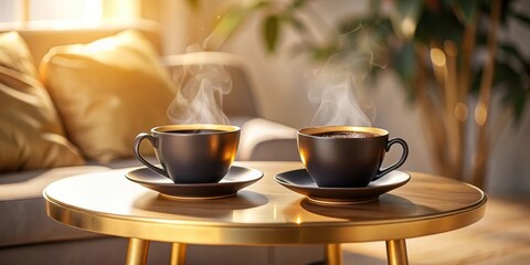 Two steaming cups of coffee on a gold side table in a sunlit room